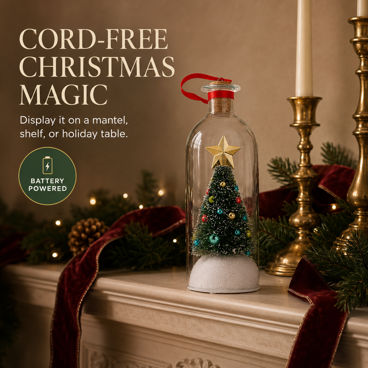 Cord-free Christmas magic on the mantel