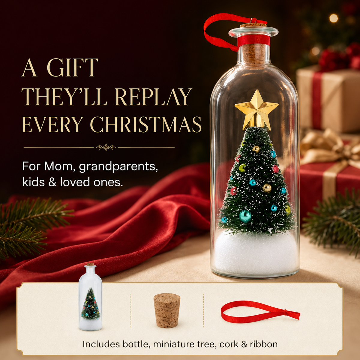 A gift they will replay every Christmas: bottle, tree, cork and ribbon