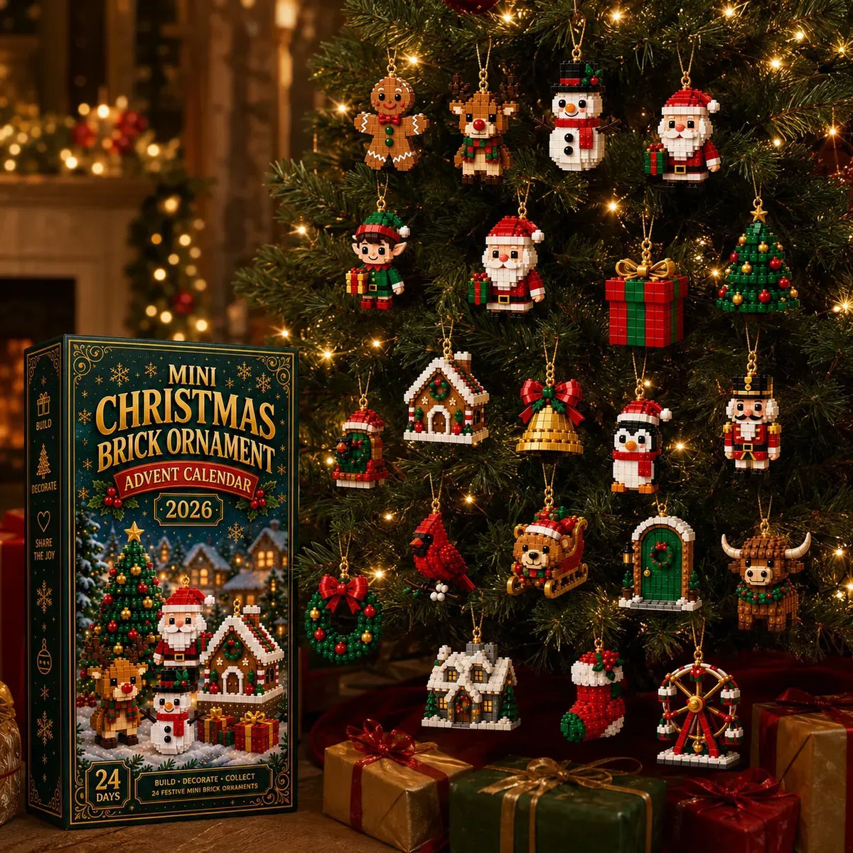 The calendar with ornaments hanging on the tree