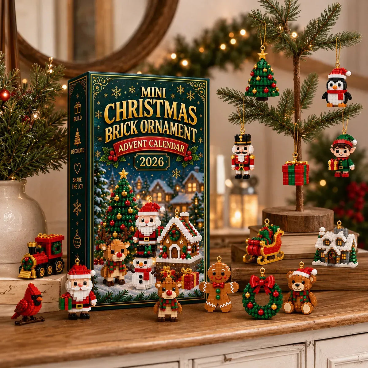 The calendar and finished ornaments on a shelf
