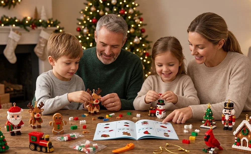 A family building the mini brick ornaments together at the table