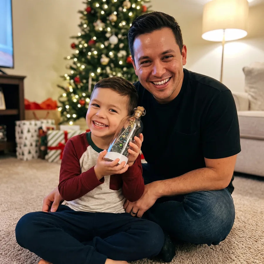 A dad and his son with the bottle by the tree