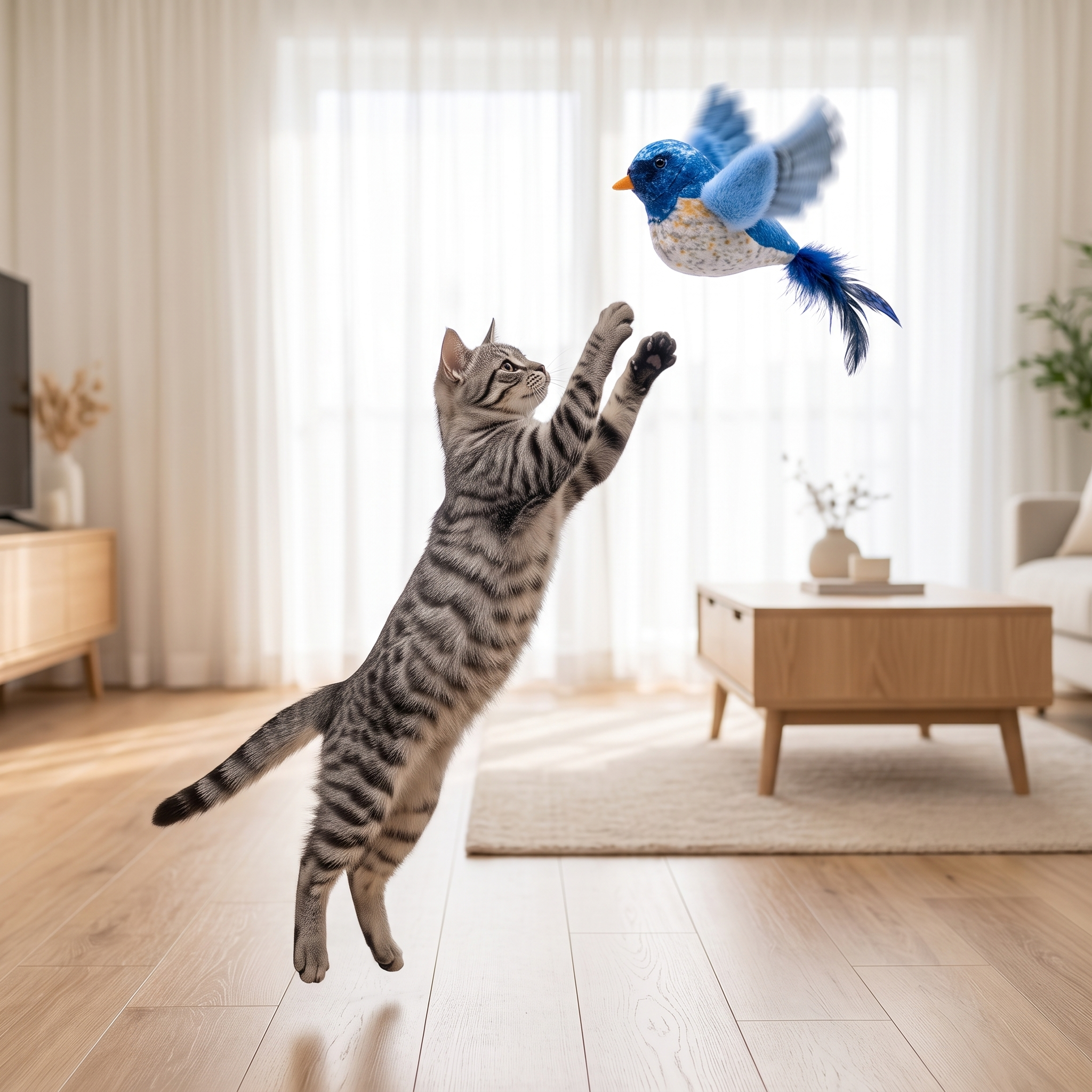Cat leaping mid-air after the flying bird